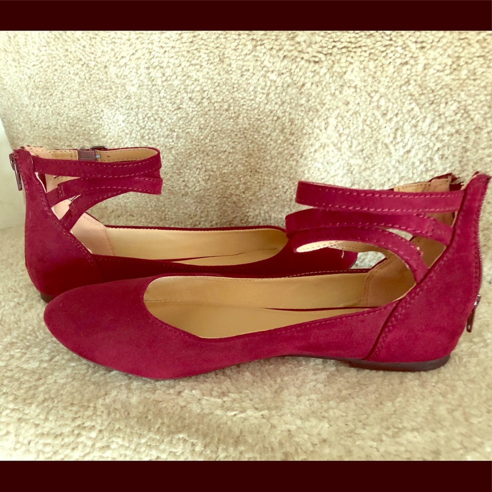 Burgundy velvet flats with ankle straps